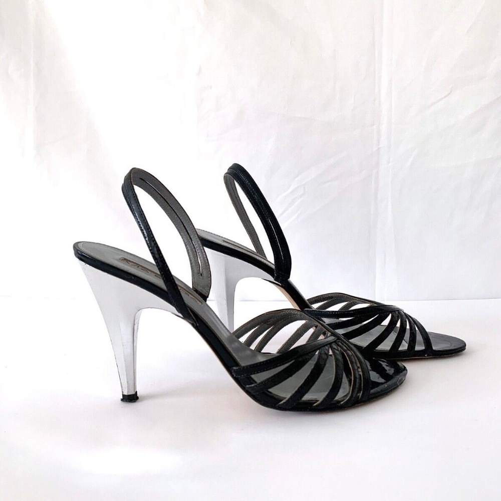size 7.5 Via Spiga strappy blue patent leather sandals with chrome heel
